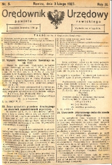 Orędownik Urzędowy Powiatu Rawickiego 1927.02.03 R.3 Nr 5