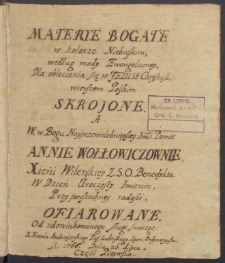 Materye Bogate w kolorze Niebieskim według mody Ewangeliczney, dla obleczenia się w Jezusa Chrystusa wierszem Polskim Skrojone [&hellip;] Cz. 1
