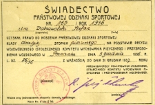 Świadectwo Państwowej Odznaki Sportowej Stefana Dobrowolskiego , 1936 r.