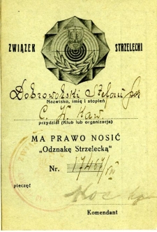 Legitymacja Odznaki Strzeleckiej Stefana Dobrowolskiego, 1933 r.